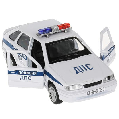 Машина металл LADA-2114 "SAMARA" ПОЛИЦИЯ 12 см, двери, багаж, белый, кор. Технопарк в кор.2*36шт