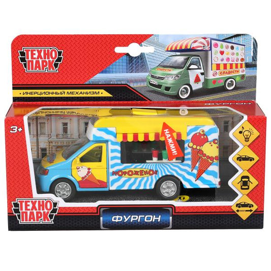 Машина металл фургон мороженое 14,5 см, свет+звук, открыв. двери, багаж.,ТМ "Технопарк" в кор.2*24шт