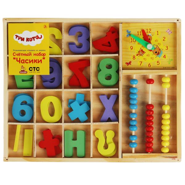 Игрушка деревянная Три Кота счетный материал с часами, терм. пакет Буратино в кор.120шт