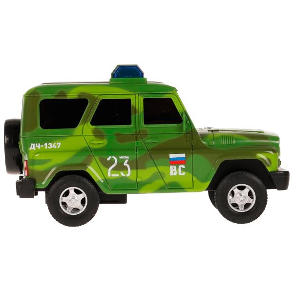 Машина пластик свет-звук UAZ HUNTER ВОЕННЫЙ 15 см, 2 кноп, инер, камуф, кор. Технопарк в кор.48шт