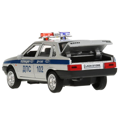 Машина металл свет-звук LADA-21099 "СПУТНИК" ПОЛИЦИЯ 12 см, двери, кор. Технопарк в кор.2*36шт