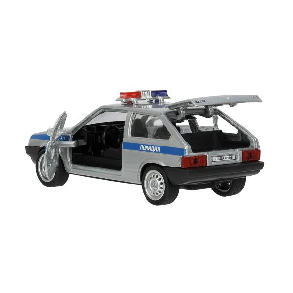 Машина металл LADA-2108 "СПУТНИК" ПОЛИЦИЯ 12 см, двери, багаж, кор. Технопарк в кор.2*36шт