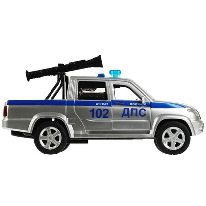 Машина пластик свет-звук UAZ PICKUP ПОЛИЦИЯ 22 см, 4 кнопки, пушка, кор. Технопарк в кор.2*18шт