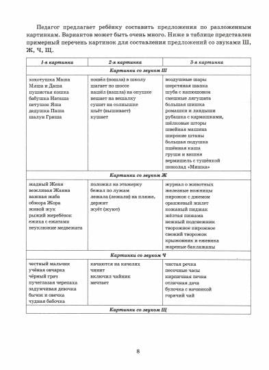 Собираем предложения. Звуки Ш, Ж, Ч, Щ . Опорные картинки для автоматизации звуков и формирования лексико-грамматических представлений у детей. А4. 16 стр+32 стр вклейка