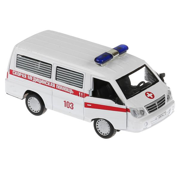 Машина металл свет-звук МИКРОАВТОБУС СКОРАЯ 12 см, двери, багаж, инерц, кор. Технопарк в кор.2*36шт