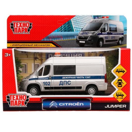 JUMPER-14POL-SRМашина металл CITROEN JUMPER ПОЛИЦИЯ 14 см, двер, баг, инер, серебр, кор. Технопарк в