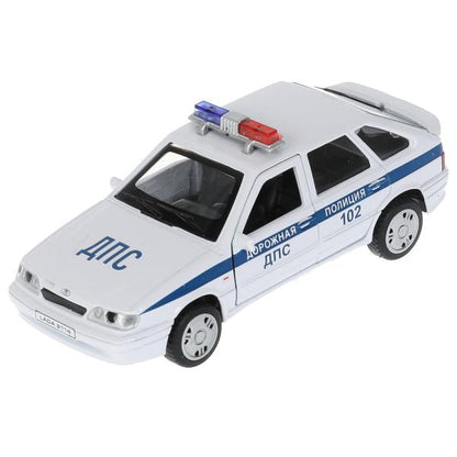 Машина металл LADA-2114 "SAMARA" ПОЛИЦИЯ 12 см, двери, багаж, белый, кор. Технопарк в кор.2*36шт