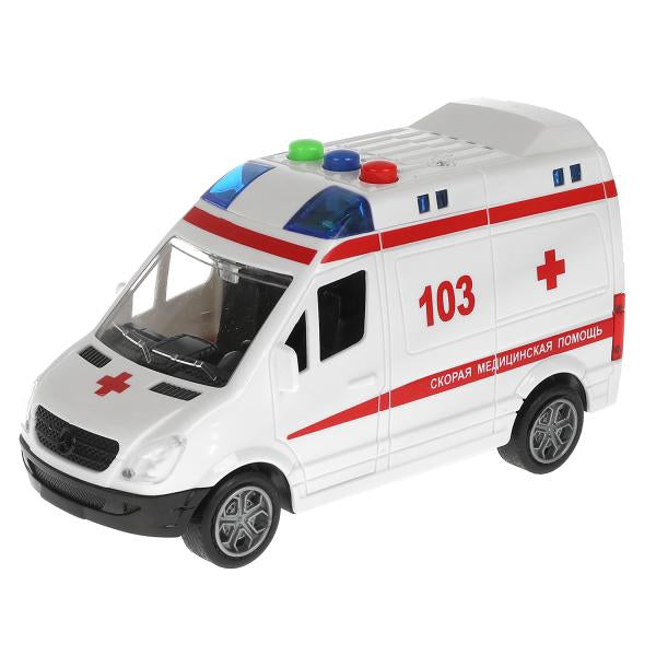 Машина пластик свет-звук MERCEDES-BENZ SPRINTER СКОРАЯ 14,5см, инерц, кор. Технопарк в кор.2*36шт