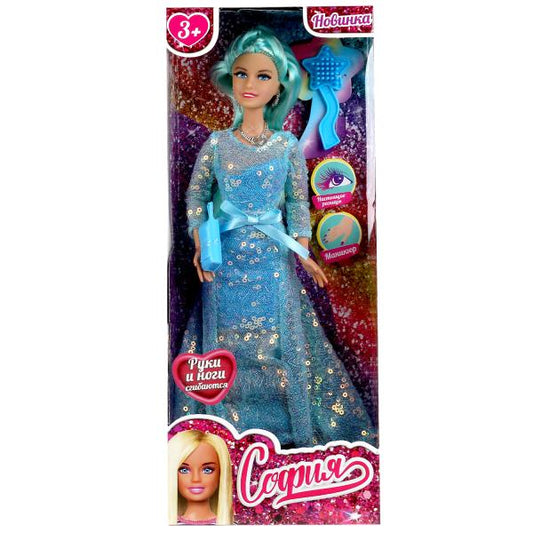 Карапуз. Кукла "София" 29см в голубом платье руки и ноги сгиб, маникюр, акс, арт.66001-BF21-S-BB