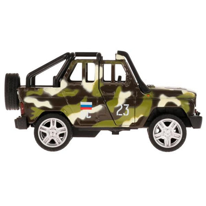 Машина металл UAZ HUNTER beach ВОЕННЫЙ, 11,5 см, откр дв, багаж., ин., кор. Технопарк в кор.2*36шт