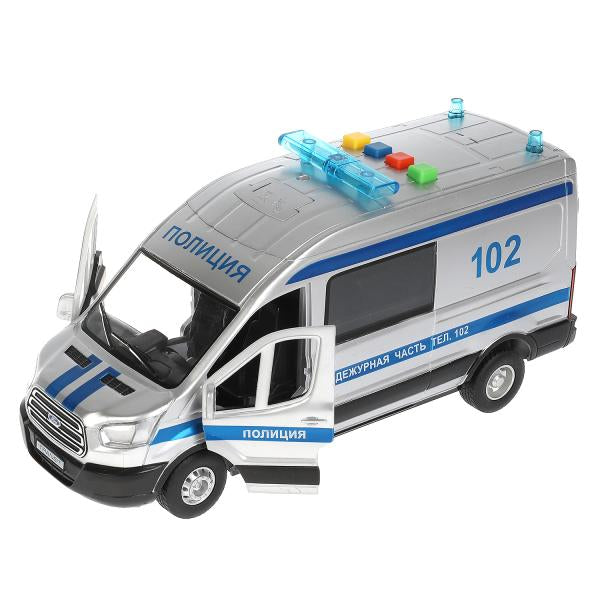 Машина пластик свет-звук FORD TRANSIT ПОЛИЦИЯ 22,5 см, двери, серебр, кор. Технопарк в кор.2*18шт