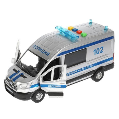 Машина пластик свет-звук FORD TRANSIT ПОЛИЦИЯ 22,5 см, двери, серебр, кор. Технопарк в кор.2*18шт