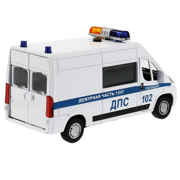 Машина металл свет-звук CITROEN JUMPER ПОЛИЦИЯ 14 см, двер, инер,белый, кор. Технопарк в кор.2*36шт