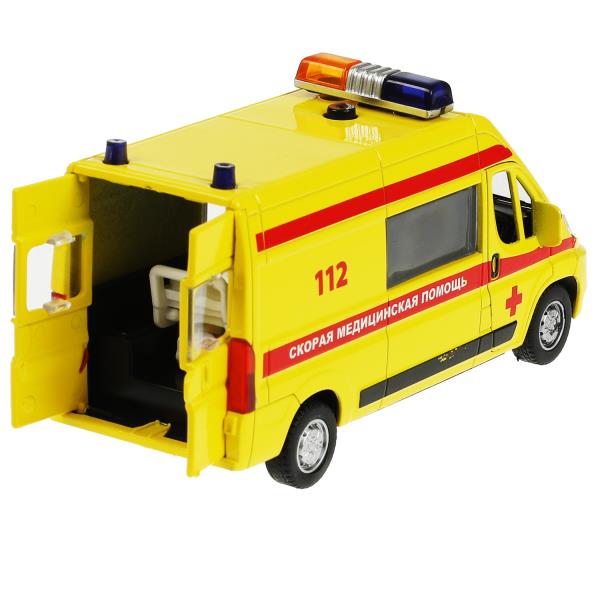 Машина металл CITROEN JUMPER РЕАНИМАЦИЯ 14 см, двер, баг, инер, желтая, кор. Технопарк в кор.2*36шт