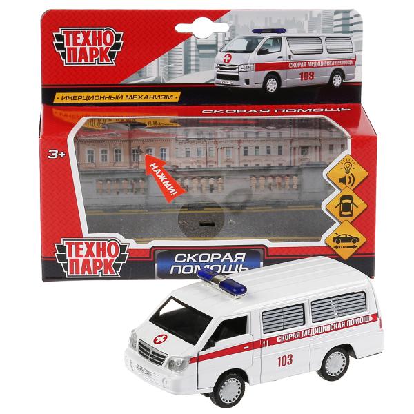 Машина металл свет-звук МИКРОАВТОБУС СКОРАЯ 12 см, двери, багаж, инерц, кор. Технопарк в кор.2*36шт