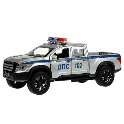 Машина металл свет-звук NISSAN TITAN ПОЛИЦИЯ 12,5 см, двери, баг, инер, кор. Технопарк в кор.2*36шт