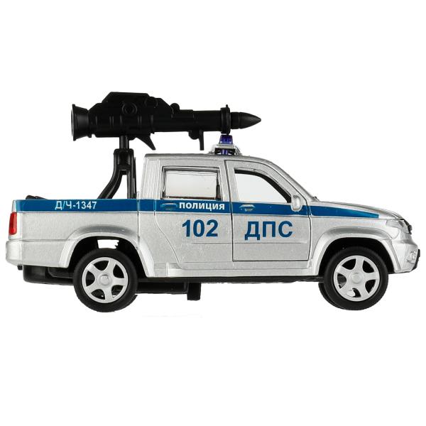 Машина металл UAZ PICKUP ПОЛИЦИЯ С ПУШКОЙ 13 см, двер, багаж, инерц, кор. Технопарк в кор.2*36шт