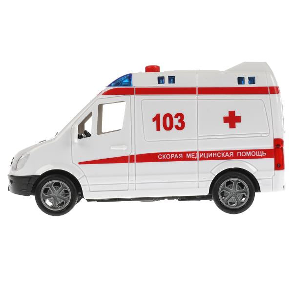 Машина пластик свет-звук MERCEDES-BENZ SPRINTER СКОРАЯ 14,5см, инерц, кор. Технопарк в кор.2*36шт