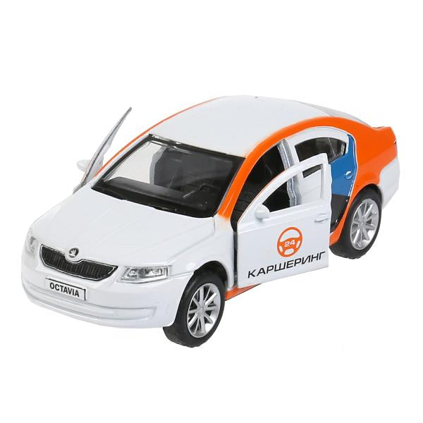 Машина металл "skoda octavia каршеринг" 12см, откр.двери, инерц., белый в кор. Технопарк в кор2*36шт