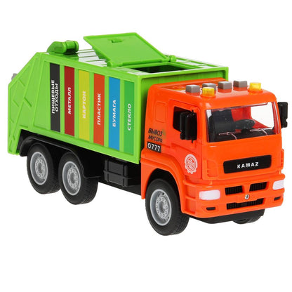 Машина пластик свет-звук KAMAZ МУСОРОВОЗ 30 см, бачок, двер, инер, зел, кор. Технопарк в кор.2*12шт