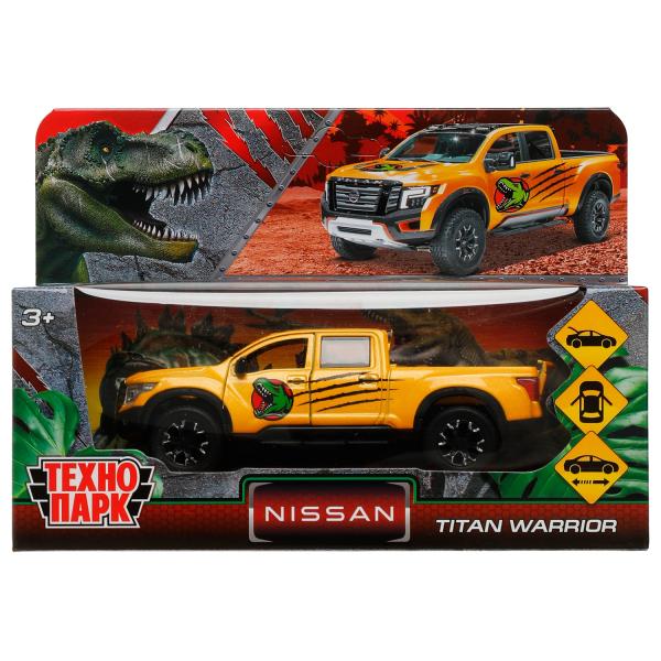 Машина металл NISSAN TITAN ДИНОЗАВРЫ 12,5 см, двери, баг, инер, желтый, кор. Технопарк в кор.2*36шт