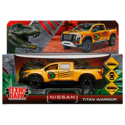 Машина металл NISSAN TITAN ДИНОЗАВРЫ 12,5 см, двери, баг, инер, желтый, кор. Технопарк в кор.2*36шт
