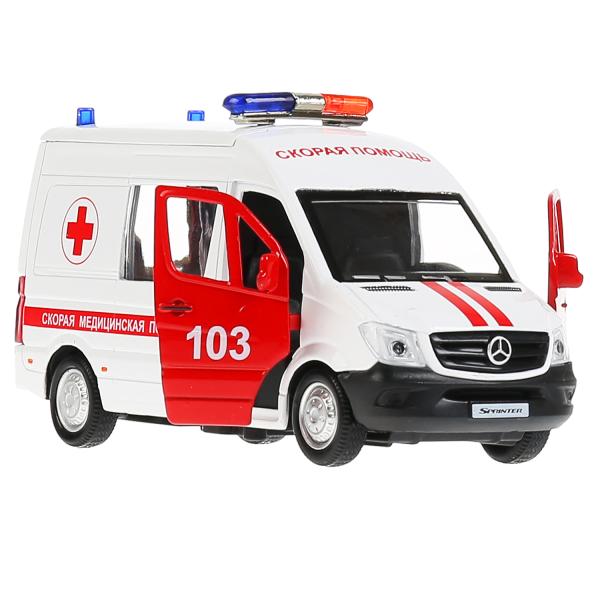 Машина металл MERCEDES-BENZ SPRINTER СКОРАЯ длина 14 см, двери, тележк, кор. Технопарк в кор.2*32шт