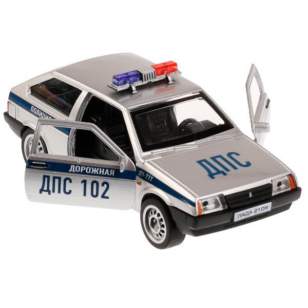 2108-12SLPOL-SR328308 Машина металл свет-звук LADA-2108 "СПУТНИК" ПОЛИЦИЯ 12 см, двери, кор. Технопа