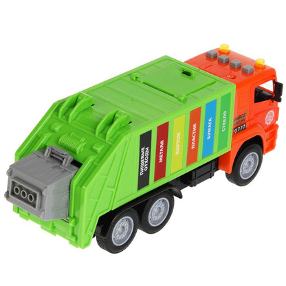 Машина пластик свет-звук KAMAZ МУСОРОВОЗ 30 см, бачок, двер, инер, зел, кор. Технопарк в кор.2*12шт
