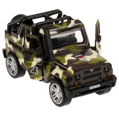 Машина металл UAZ HUNTER beach ВОЕННЫЙ, 11,5 см, откр дв, багаж., ин., кор. Технопарк в кор.2*36шт