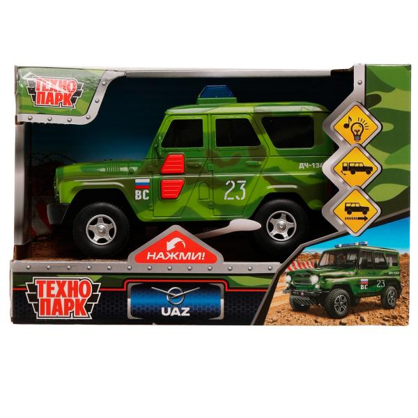Машина пластик свет-звук UAZ HUNTER ВОЕННЫЙ 15 см, 2 кноп, инер, камуф, кор. Технопарк в кор.48шт
