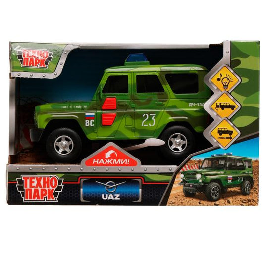 Машина пластик свет-звук UAZ HUNTER ВОЕННЫЙ 15 см, 2 кноп, инер, камуф, кор. Технопарк в кор.48шт