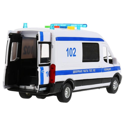 Машина пластик свет-звук FORD TRANSIT ПОЛИЦИЯ 22,5 см, двери, 4 кнопки, кор. Технопарк в кор.2*18шт