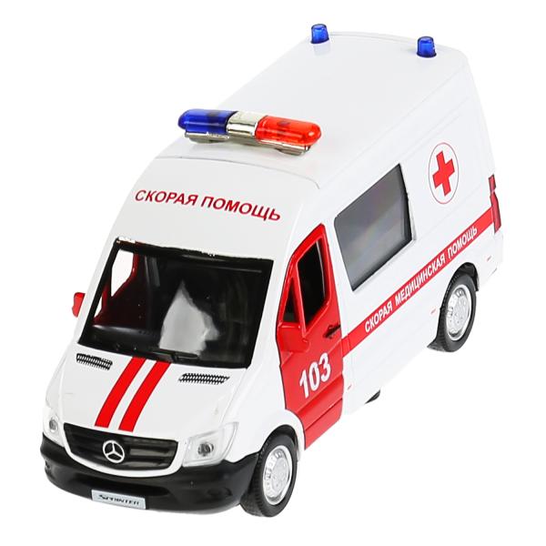 Машина металл MERCEDES-BENZ SPRINTER СКОРАЯ длина 14 см, двери, тележк, кор. Технопарк в кор.2*32шт