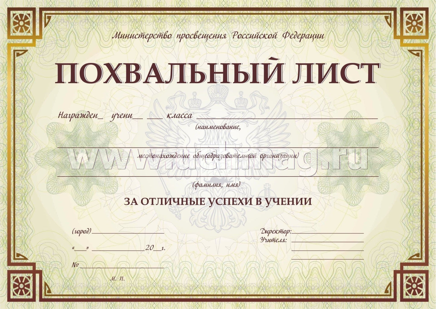 Похвальный лист с пометкой "Министерство просвещения Российской Федерации" (горизонтальная) /КЖ-703