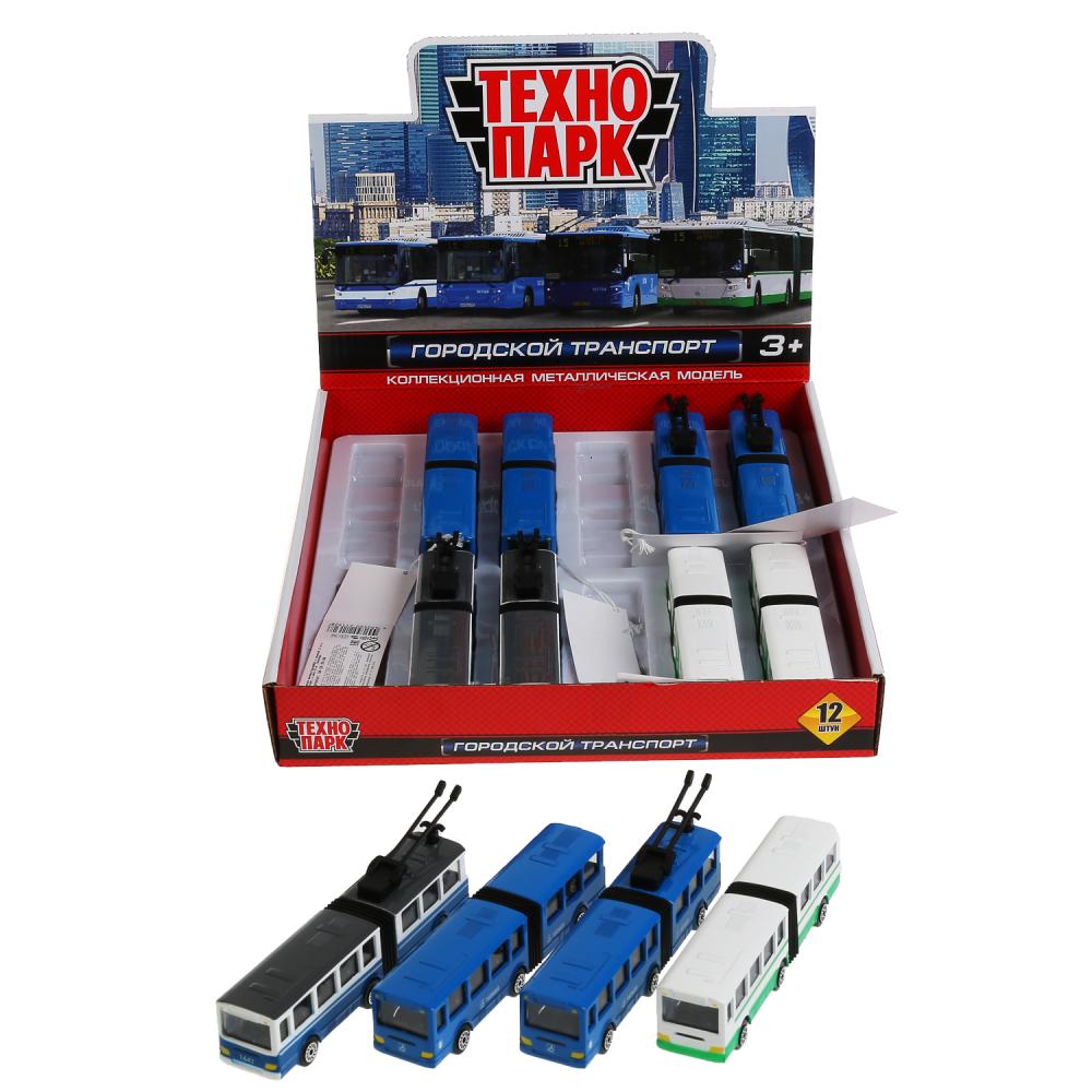 Машина металл автобус/троллейбус с резинкой, 12см, в ассорт. в дисплее Технопарк уп-12шт в кор.2*4уп