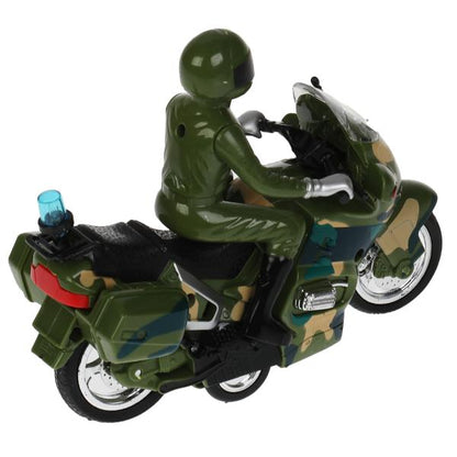MOTOFIG-15PLMIL-GN Модель пластик свет-звук МОТОЦИКЛ ВОЕННЫЙ 15 см, 2 кноп, инерц, камуф, кор. Техно