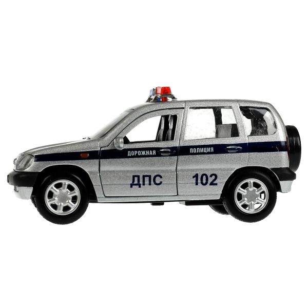 Машина металл LADA NIVA ПОЛИЦИЯ 12 см, двери, багаж, инерц, серебрист, кор. Технопарк в кор.2*36шт