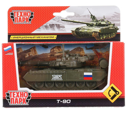 Машина металл Танк T-90, размер 12см, инерц.механизм., подвиж. дет., в кор. Технопарк в кор.2*24шт