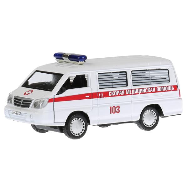 Машина металл свет-звук МИКРОАВТОБУС СКОРАЯ 12 см, двери, багаж, инерц, кор. Технопарк в кор.2*36шт