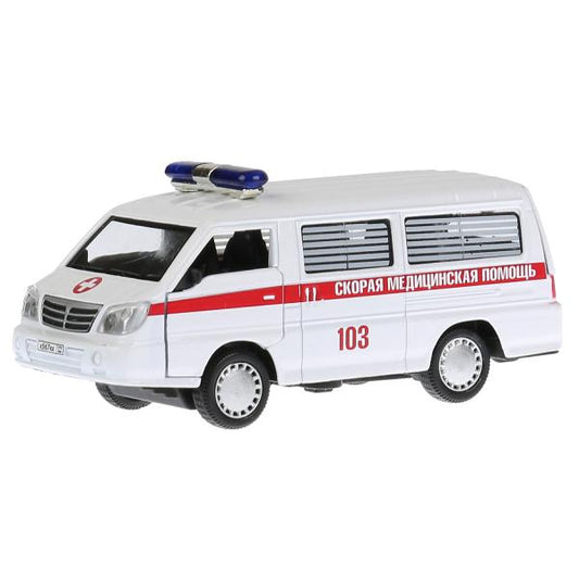 Машина металл свет-звук МИКРОАВТОБУС СКОРАЯ 12 см, двери, багаж, инерц, кор. Технопарк в кор.2*36шт