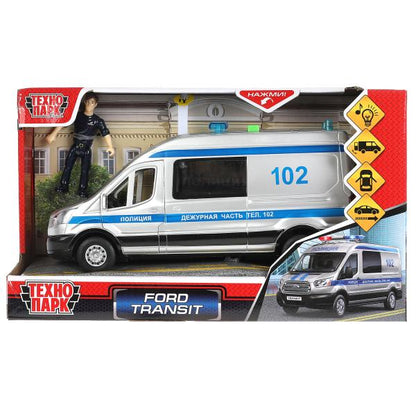 Машина пластик свет-звук FORD TRANSIT ПОЛИЦИЯ 22,5 см, двери, серебр, кор. Технопарк в кор.2*18шт