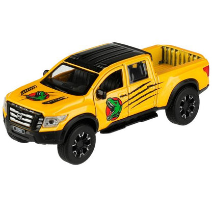 Машина металл NISSAN TITAN ДИНОЗАВРЫ 12,5 см, двери, баг, инер, желтый, кор. Технопарк в кор.2*36шт