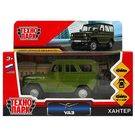 Машина металл УАЗ ХАНТЕР длина 12 см, двери, багаж, инерц, болотный, кор. Технопарк в кор.2*36шт