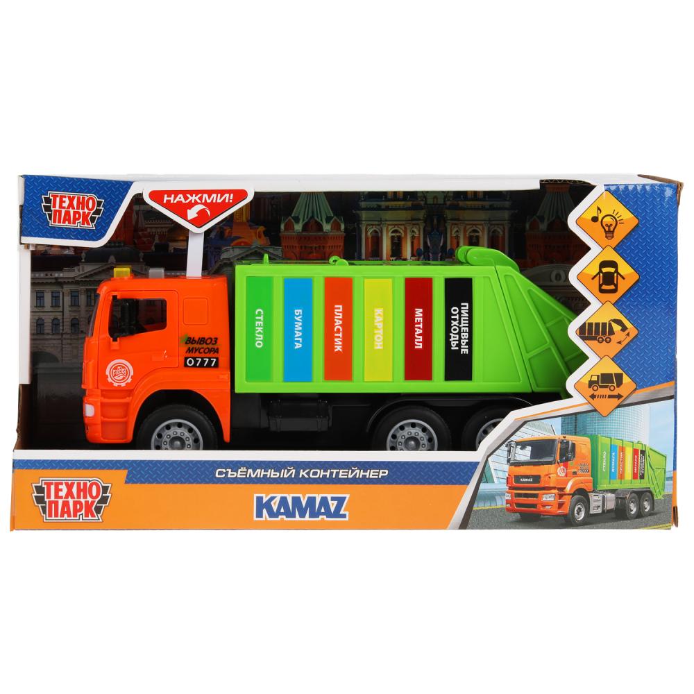 Машина пластик свет-звук KAMAZ МУСОРОВОЗ 30 см, бачок, двер, инер, зел, кор. Технопарк в кор.2*12шт