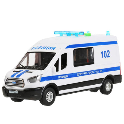 Машина пластик свет-звук FORD TRANSIT ПОЛИЦИЯ 22,5 см, двери, 4 кнопки, кор. Технопарк в кор.2*18шт