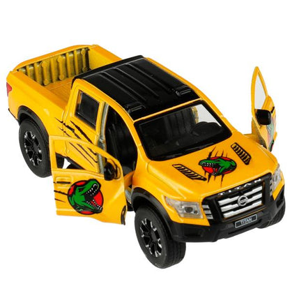 Машина металл NISSAN TITAN ДИНОЗАВРЫ 12,5 см, двери, баг, инер, желтый, кор. Технопарк в кор.2*36шт